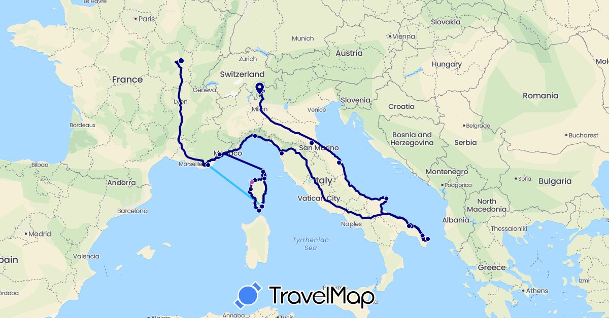 TravelMap itinerary: driving, train, boat in France, Italy (Europe)