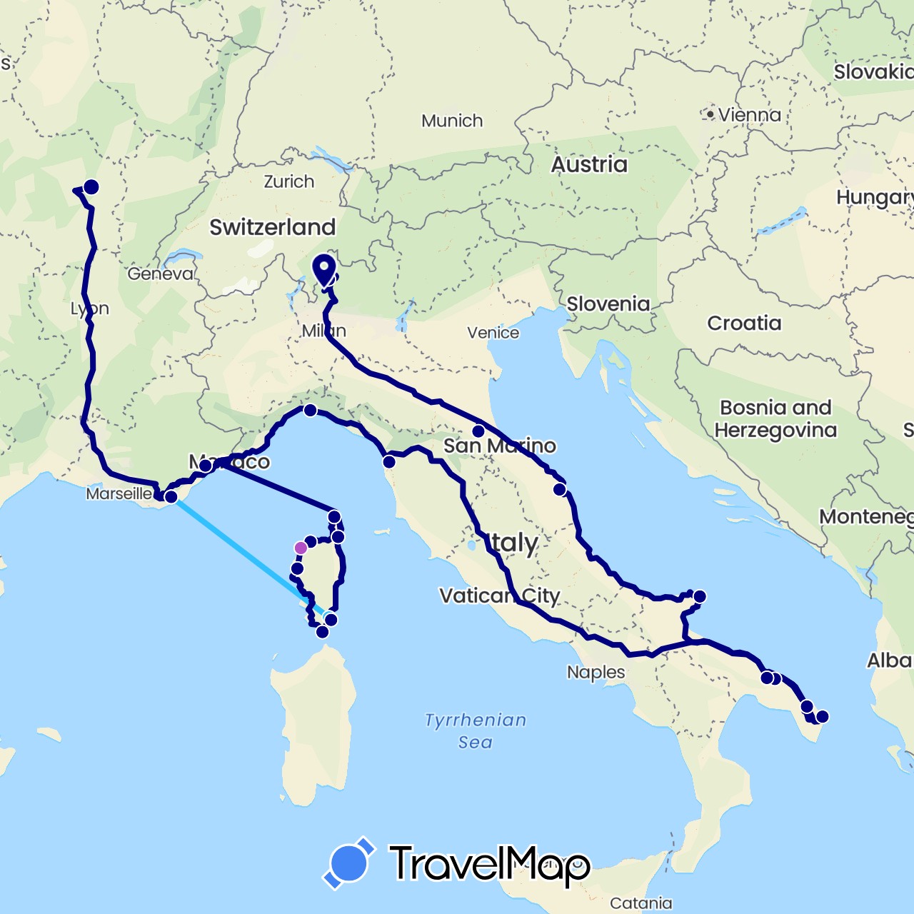 TravelMap itinerary: driving, train, boat in France, Italy (Europe)