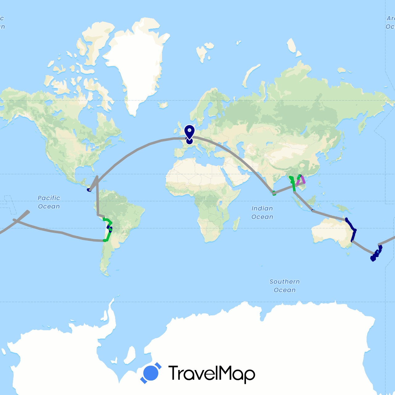 TravelMap itinerary: driving, bus, plane, cycling, train, boat in Argentina, Australia, Bolivia, Chile, Costa Rica, Cuba, France, Indonesia, Laos, Sri Lanka, Myanmar (Burma), New Zealand, Peru, French Polynesia, Thailand, Vietnam (Asia, Europe, North America, Oceania, South America)